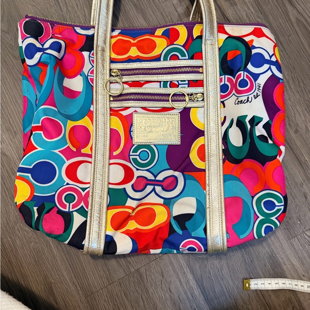 Coach Colorful Patterned Tote with Gold Accents